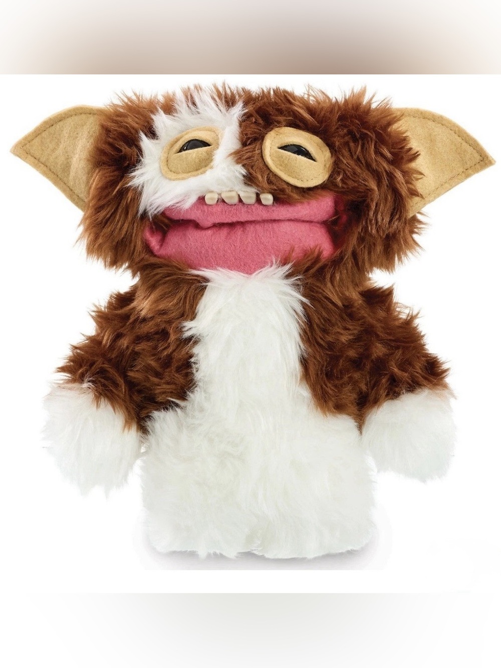 Brown & White Furry Creature Hand Puppet with Pink Mouth